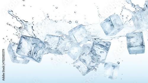 Crystalline ice cubes in a dynamic and refreshing mid-air collision with splashing water, conveying a sense of coolness and purity