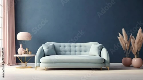 Livingroom or buisness hall scene light pastel color. Lounge room - blue sky paint and velor. Empty wall blank - navy pale tone loveseat.Luxury modern house design interior generative ai photo