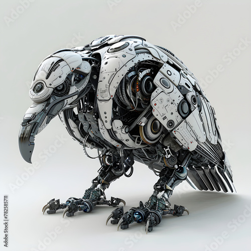 Steel robotic white eagle. Robot with metal body isolated on white background. Futuristic mechanical animal, metal cyborgs. Future and technology concept © ratatosk