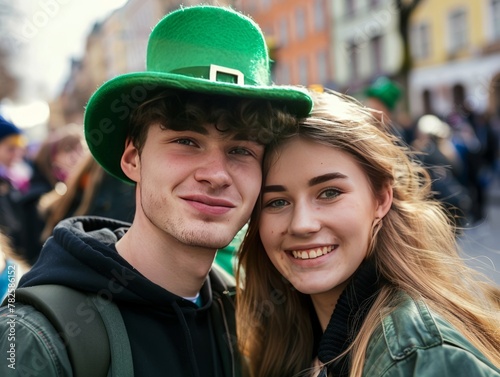 Portrait of a couple in the city, young man wearing green hat, celebrating Saint Patrick's Day, headshot, looking at camera.