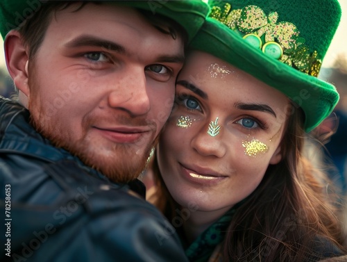 Portrait of a young couple with green hats, celebrating St. Patrick's day.