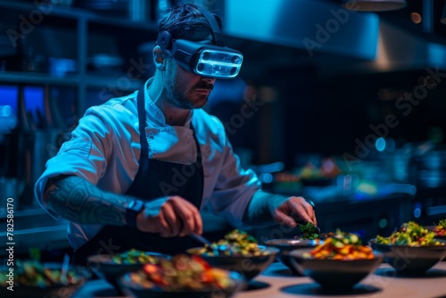 A man in a chef's uniform with goggles on preparing food. Generative AI.