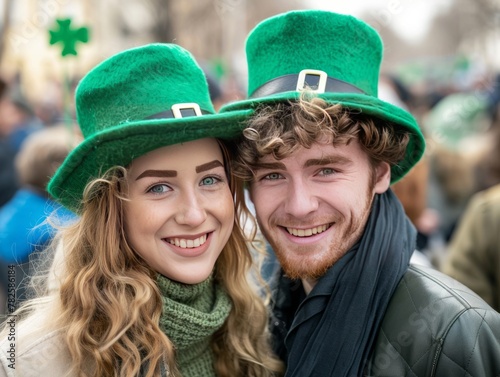 Portrait of a young couple with green hats, celebrating St. Patrick's day.