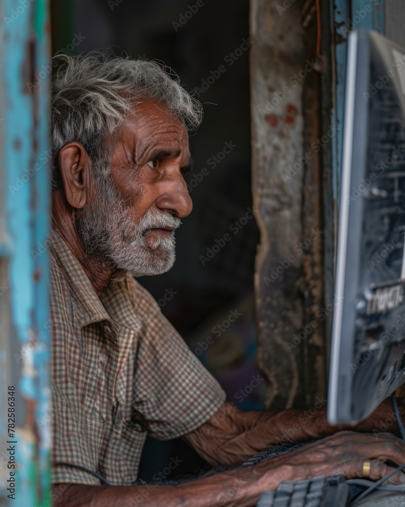 An old man sitting at a computer with a beard and a mustache. Generative AI. An old man sitting at a computer with a beard and a mustache. Generative AI.