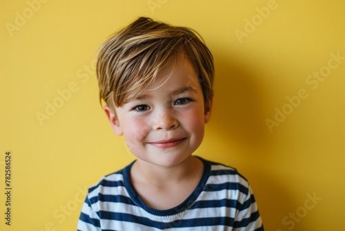 Portrait of a cute little boy with blond hair on a yellow background
