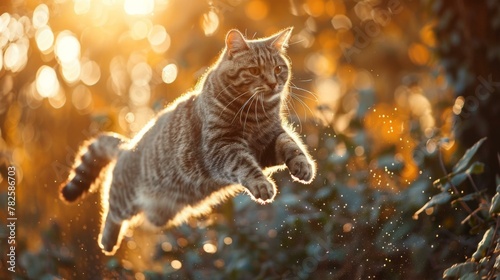 A cat running through the air in front of a tree. Generative AI. photo