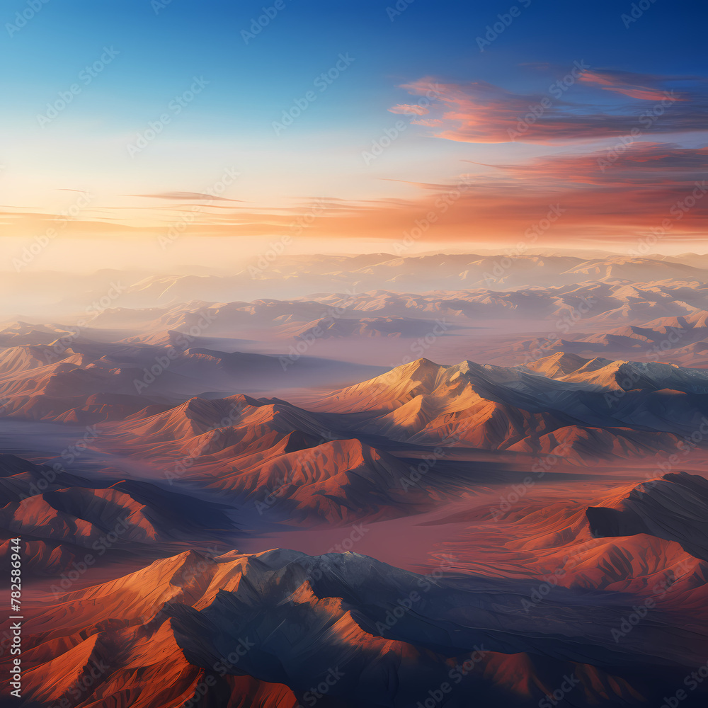 Aerial view of a mountain range at sunrise.