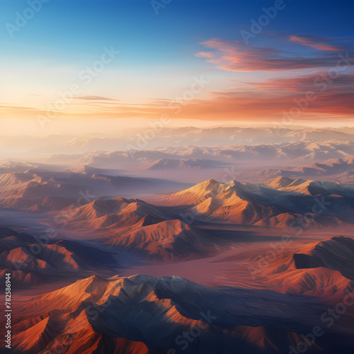 Aerial view of a mountain range at sunrise. © Cao