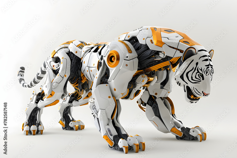 Steel robotic white tiger. Robot with metal body isolated on white background. Futuristic mechanical animal, metal cyborg. Future and technology concept Steel robotic white tiger. Robot with metal body isolated on white background. Futuristic mechanical animal, metal cyborg. Future and technology concept