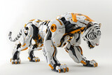 Steel robotic white tiger. Robot with metal body isolated on white background. Futuristic mechanical animal, metal cyborg. Future and technology concept