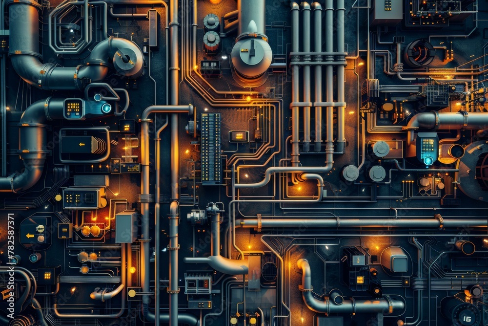 A close up of a computer generated image with pipes and lights. Generative AI.