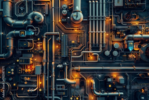A close up of a computer generated image with pipes and lights. Generative AI. © serg3d