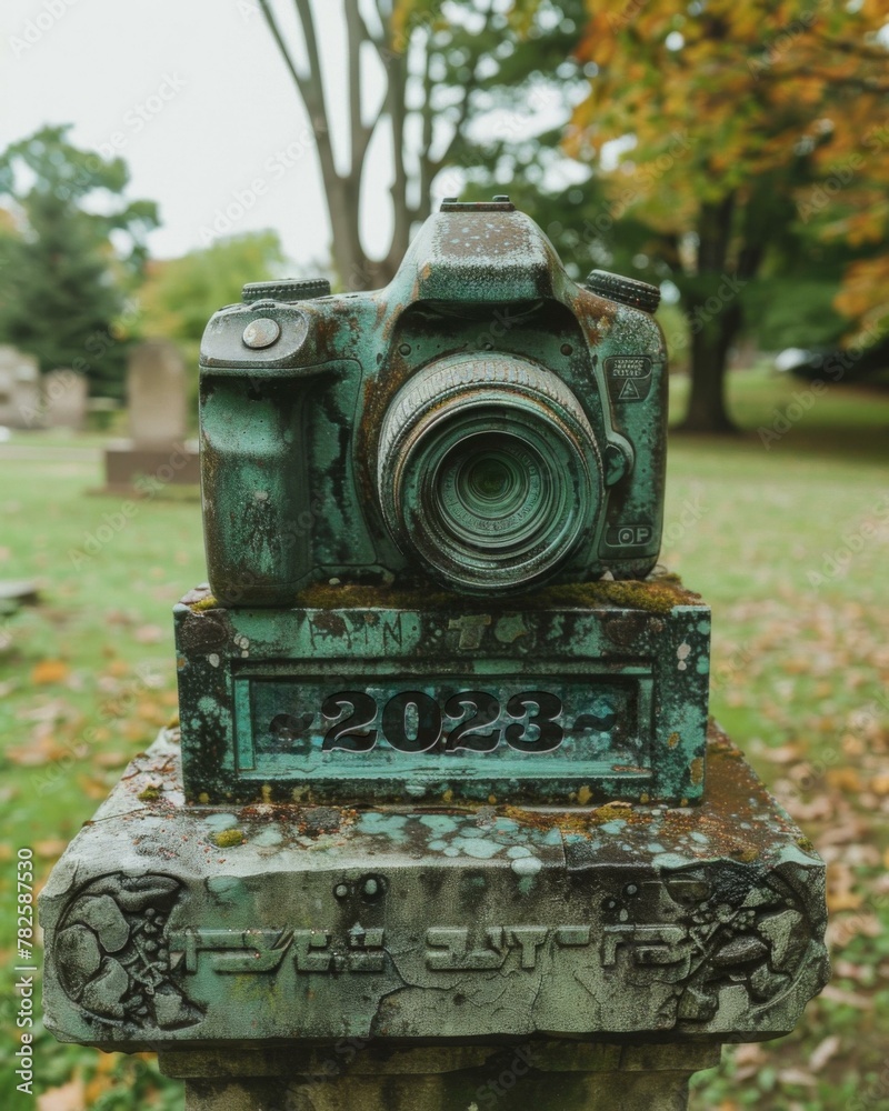 A camera on a monument in the cemetery with grass and trees. Generative AI. A camera on a monument in the cemetery with grass and trees. Generative AI.