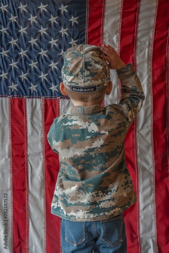 A young boy in camouflage hat standing in front of a flag. Generative AI.