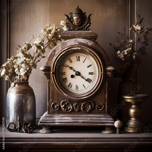 Antique clock on a dusty wooden mantel. 