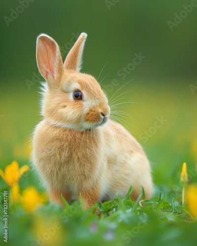 A small rabbit sitting in a field of yellow flowers. Generative AI.