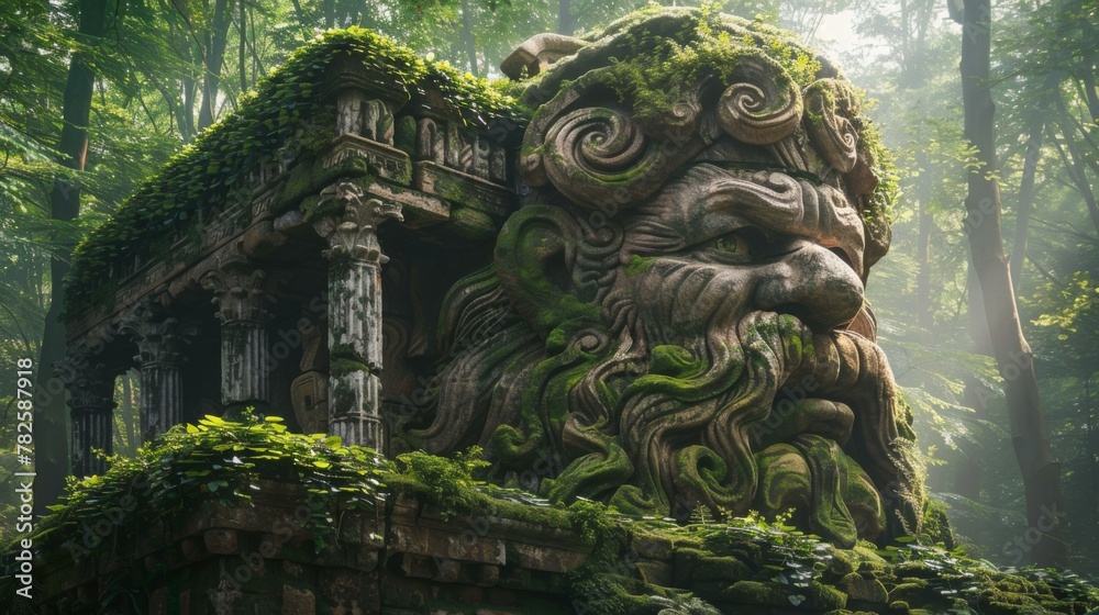 Naklejka premium A statue made of moss and plants in a forest. Generative AI.