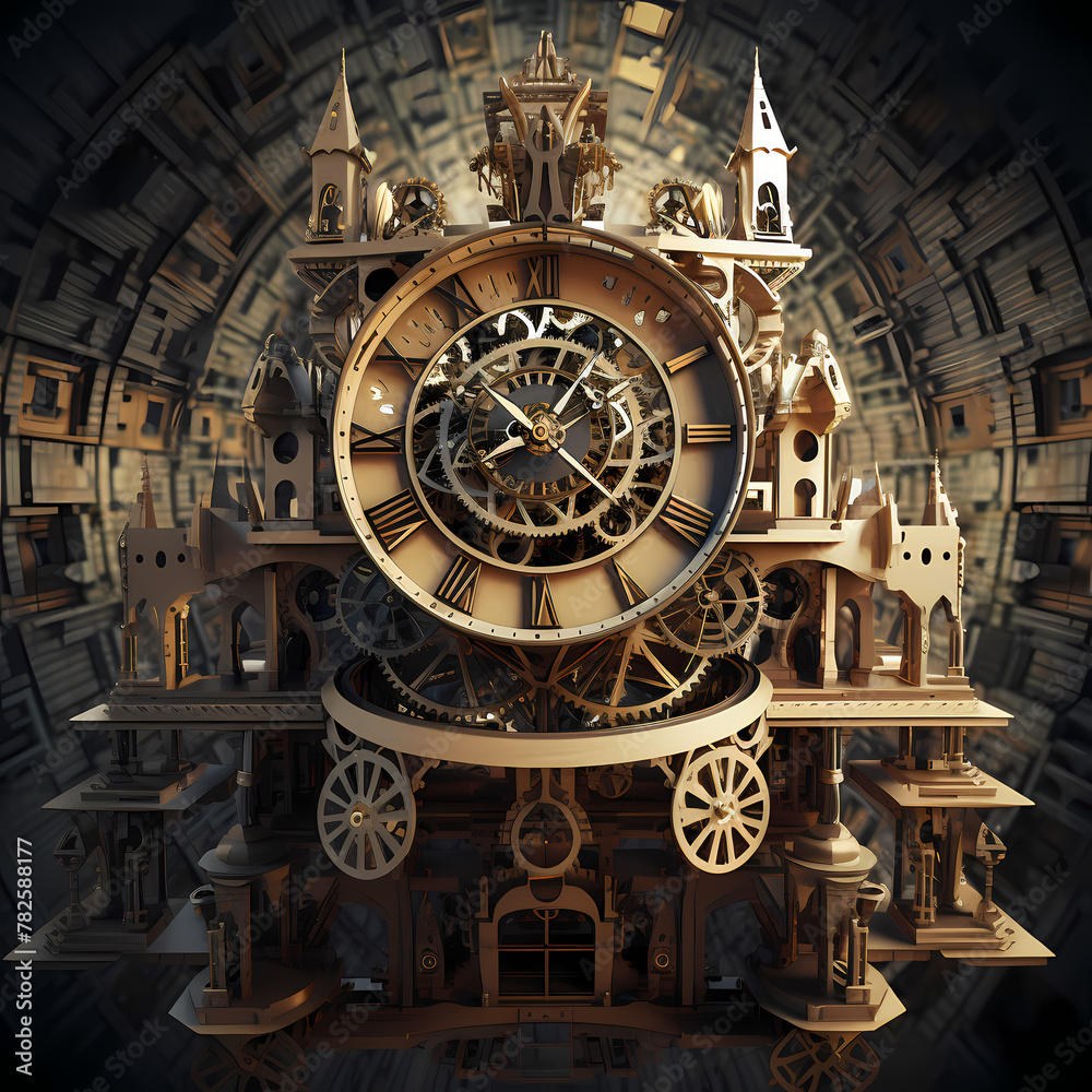 Clock tower with gears exposed controlling time. 