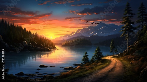 A tranquil scene portrays a serene sunset over a mountain-bordered lake  reflecting the fiery sky hues in the still water