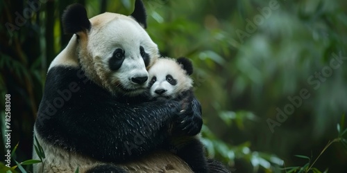 A panda bear is holding a baby in its arms. Generative AI. photo