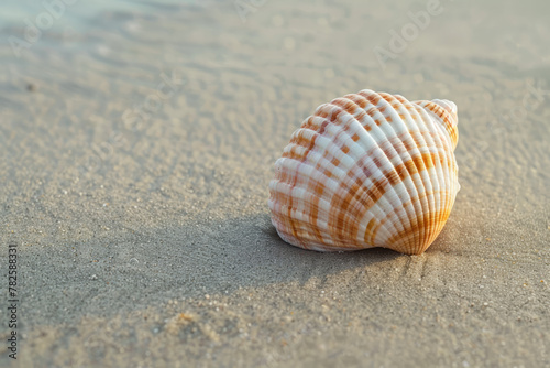 Close-up of a single, pristine seashell on a sandy beach. © Mosaic Media