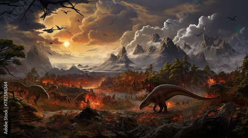 Fototapeta Naklejka Na Ścianę i Meble -  Artwork showcases dinosaurs fleeing a catastrophic volcanic eruption in a prehistoric setting