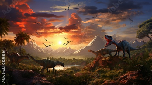 Fototapeta Naklejka Na Ścianę i Meble -  A serene prehistoric scene featuring various dinosaurs roaming in a lush landscape with a vibrant sunset backdrop