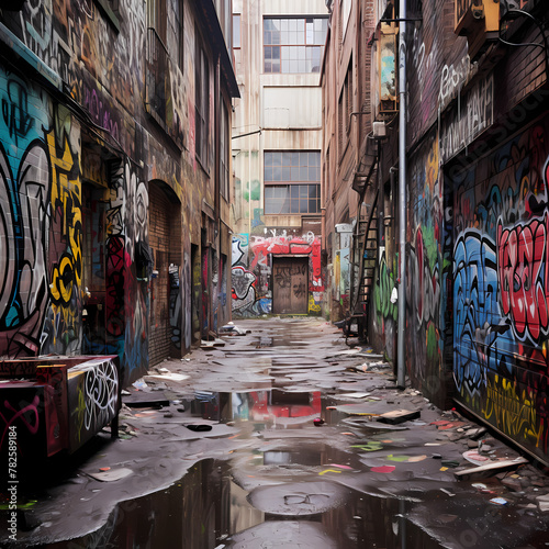 Deserted alley with graffiti-covered walls. 