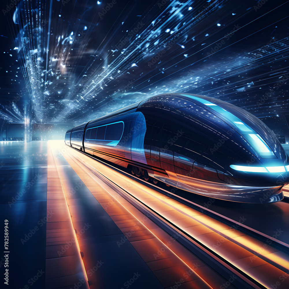 Futuristic train traveling through a tunnel of light
