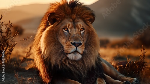 Captured in the ethereal glow of sunset  a lion relaxes amidst the grass  evoking a sense of tranquillity