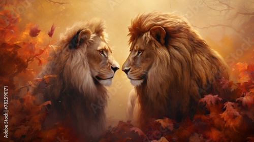 Intensely staring lions mirroring each other, set against vibrant fall foliage in an evocative illustration