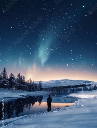 On a winter night  the sky above the snowy landscape is adorned with stars  casting a serene glow over the forest  mountains  and frost-covered lake  creating a breathtaking scene of natural beauty.