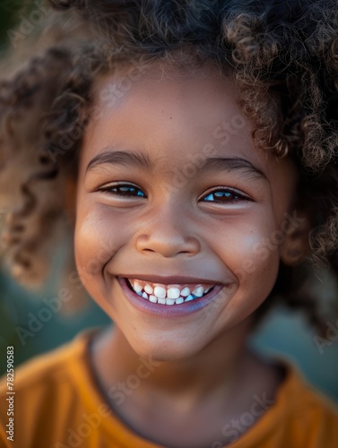 Portrait of a cute smiling child with curly hair looking at camera.
