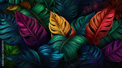 Digital illustration showcases a collection of tropical leaves in a stunning arrangement of colors