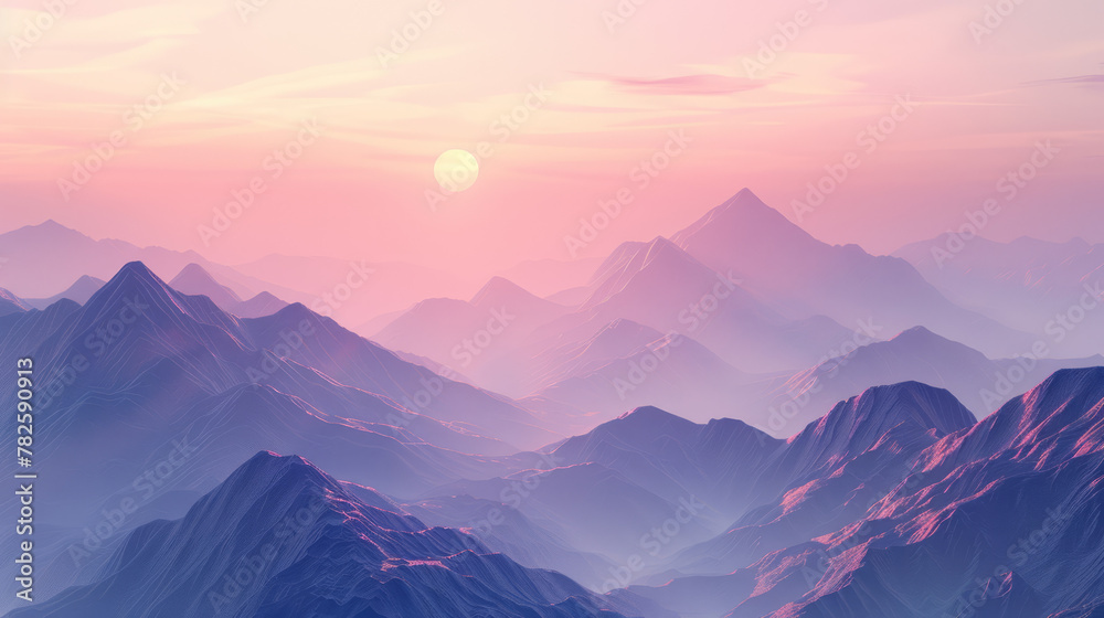 Image of a silver sunrise illuminating the misty mountains. The soft gradients and ethereal atmosphere can inspire breathtaking digital art pieces.