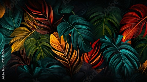 Dynamic and radiant digital art piece featuring tropical leaves in bold red, yellow, and green hues