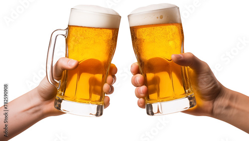 friends toasting glass of beer in hand PNG isolated on white and transparent background - drinking and toasting cold beer  - beer drink advertising concept