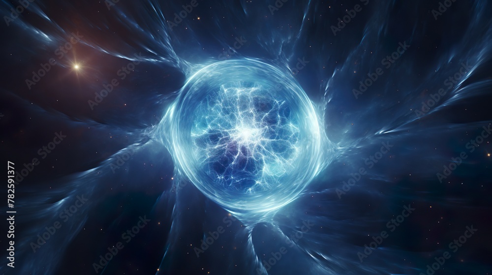 This image showcases an electrifying sphere radiating blue energy waves against the vast backdrop of deep space and distant stars
