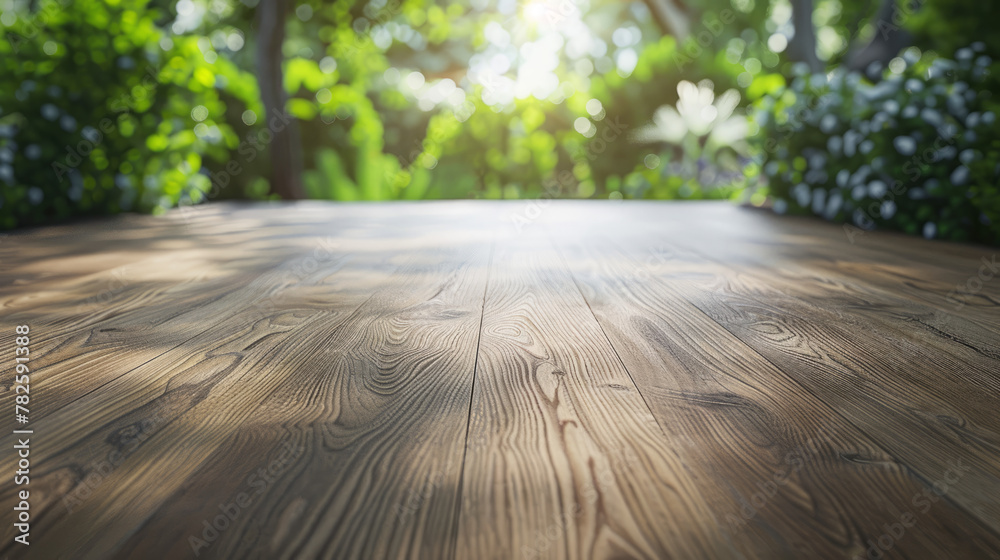 New brown matte oak texture laminate flooring, blurred spring garden background, macro shot, focus on laminate flooring. - obrazy, fototapety, plakaty 