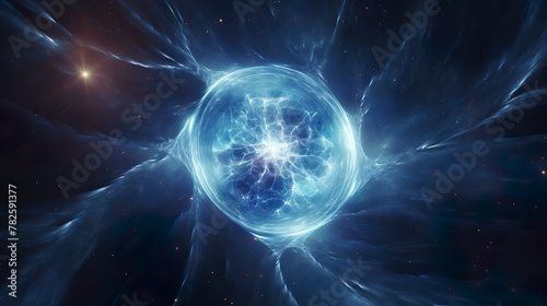 This image showcases an electrifying sphere radiating blue energy waves against the vast backdrop of deep space and distant stars