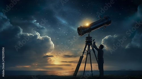 A silhouetted individual stands by a telescope, gazing into a star-filled sky at twilight, with hints of daylight lingering on the horizon