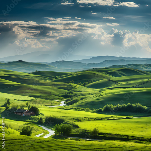 Peaceful countryside with rolling hills. 