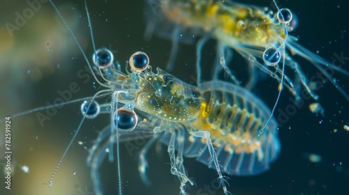 An image of a tiny crustacean zooplankton with its characteristic segmented body and large eyes. It appears to be swimming towards