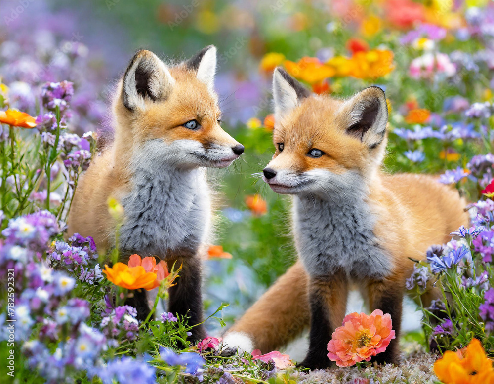 Fototapeta premium Jeunes renards qui jouent dans un champ de fleurs colorées