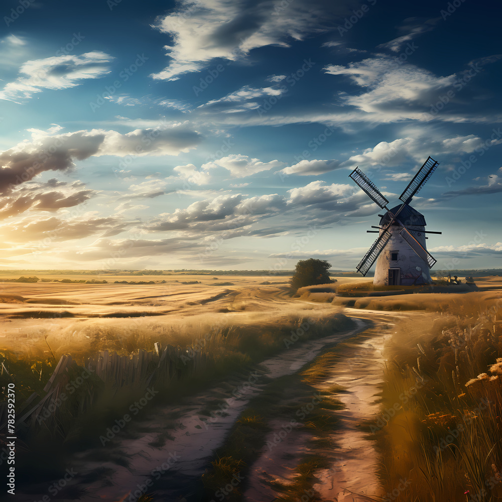 Rustic windmill in a vast field. 