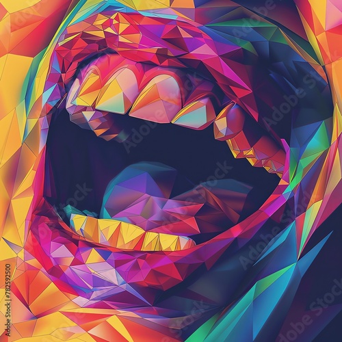 Abstract low poly render of a human mouth using geometric shapes and a vibrant color palette