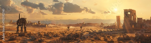 A post-apocalyptic desert landscape where outdated, rusty robots roam around ancient ruins under a scorching sun photo