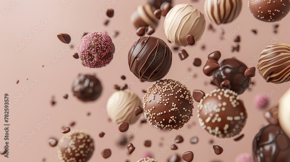 A cluster of chocolate truffles in various flavors d style isolated flying objects memphis style d render AI generated illustration A cluster of chocolate truffles in various flavors d style isolated flying objects memphis style d render AI generated illustration