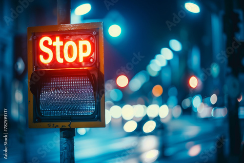 Red Stop Signal at Night, Urban Street Safety photo