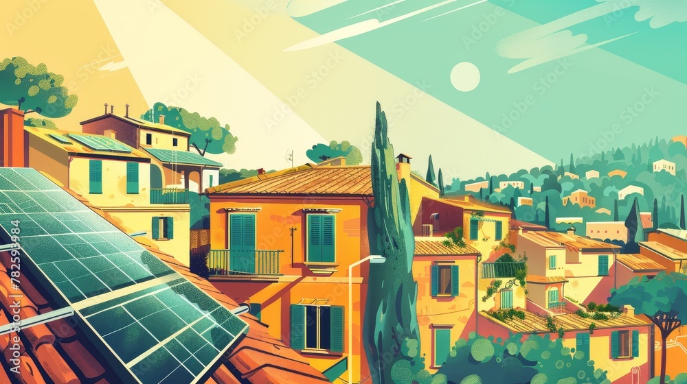 A contemporary poster highlighting the benefits of solar power in an Italian cityscape   AI generated illustration